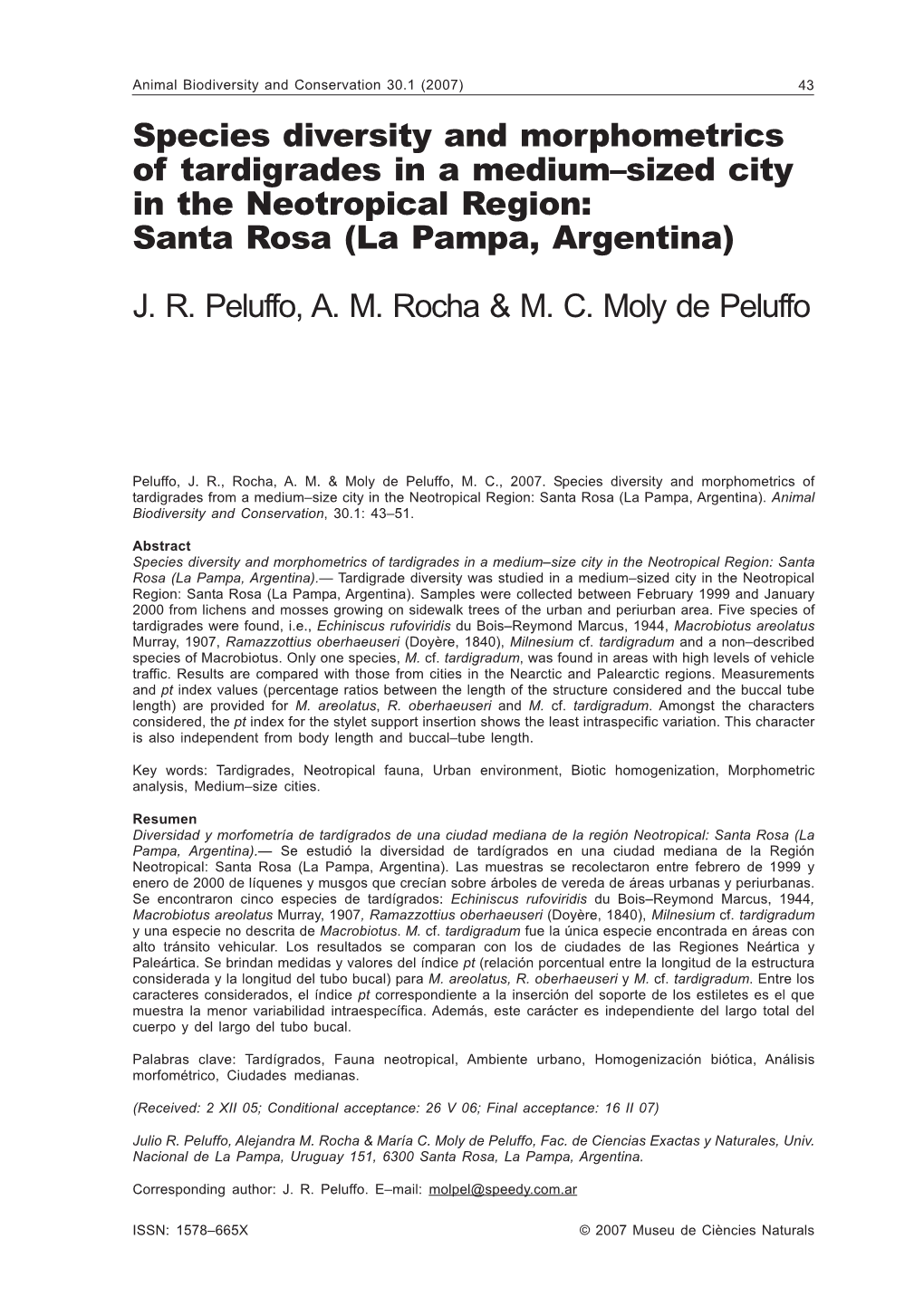 Species Diversity and Morphometrics of Tardigrades in a Medium–Sized City in the Neotropical Region: Santa Rosa (La Pampa, Argentina) J