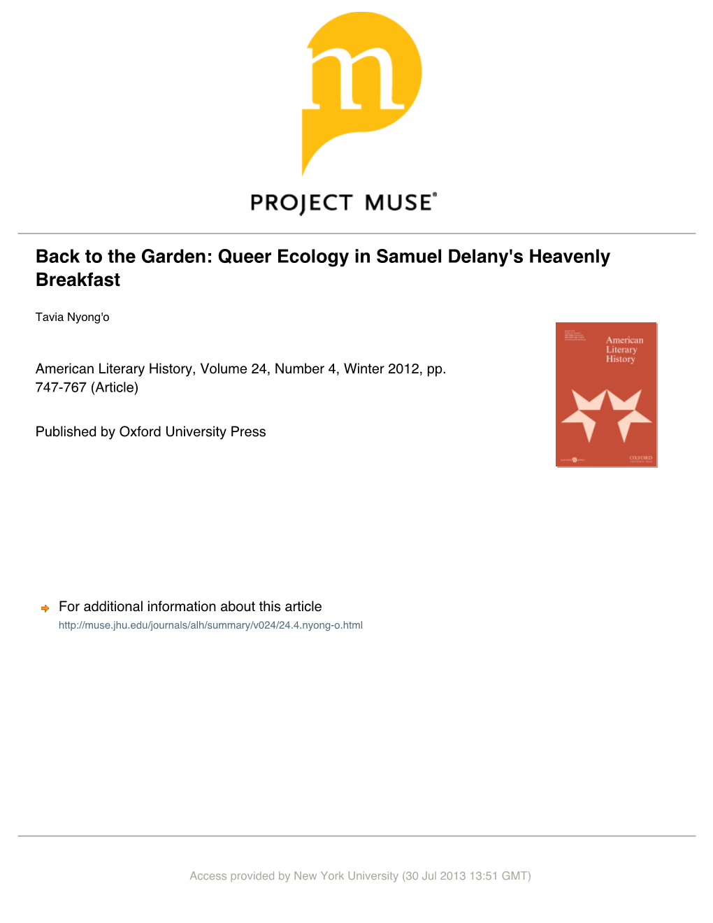 Back to the Garden: Queer Ecology in Samuel Delany's Heavenly Breakfast