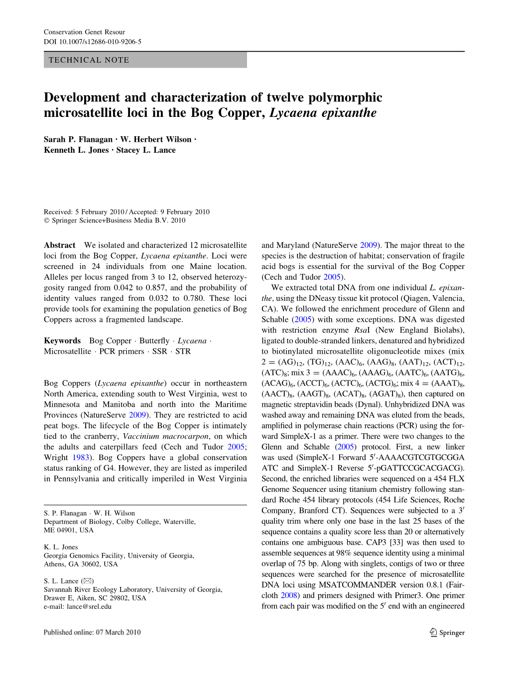 Development and Characterization of Twelve Polymorphic Microsatellite Loci in the Bog Copper, Lycaena Epixanthe