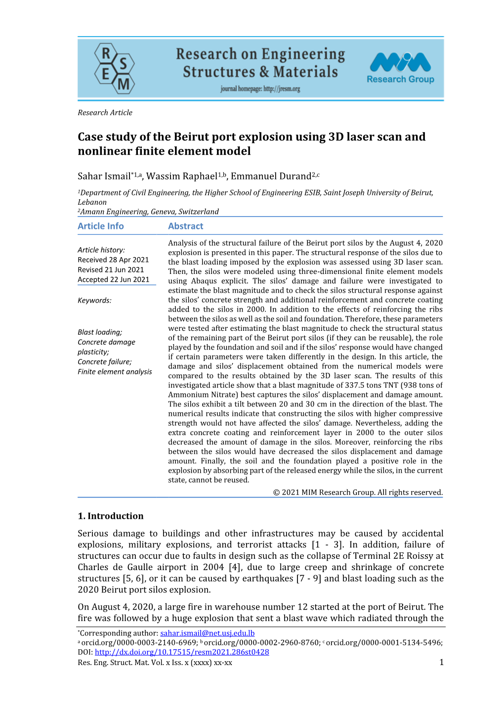 Case Study of the Beirut Port Explosion Using 3D Laser Scan and Nonlinear Finite Element Model