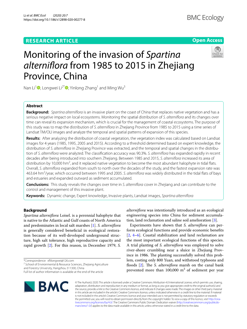 Monitoring of the Invasion of Spartina Alterniflora from 1985 to 2015 In