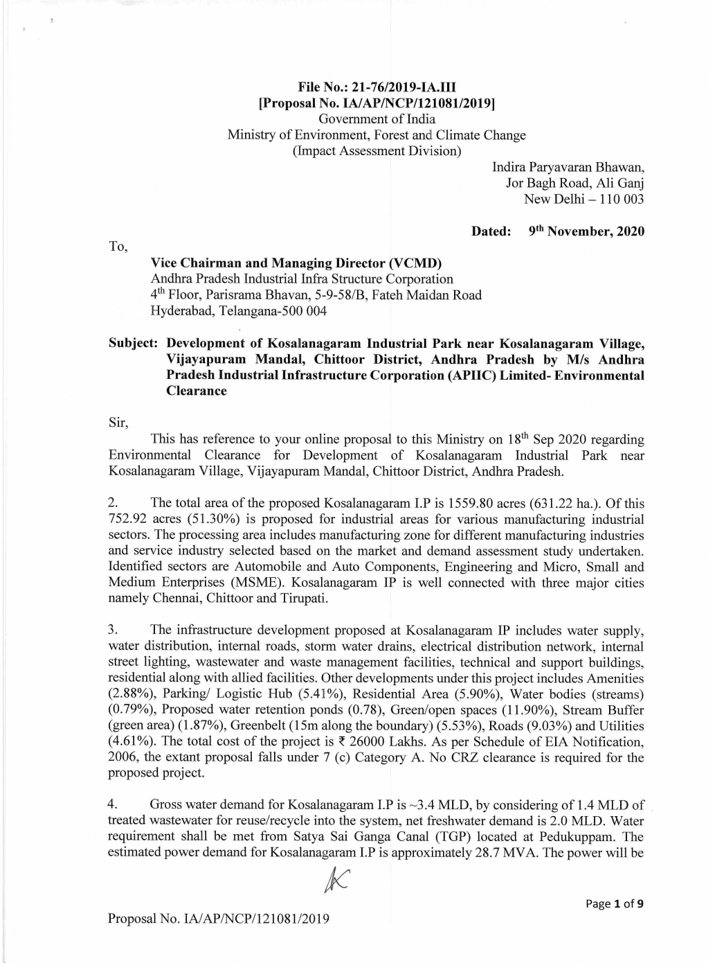 Environmental Clearance for the Proposed Industrial Park