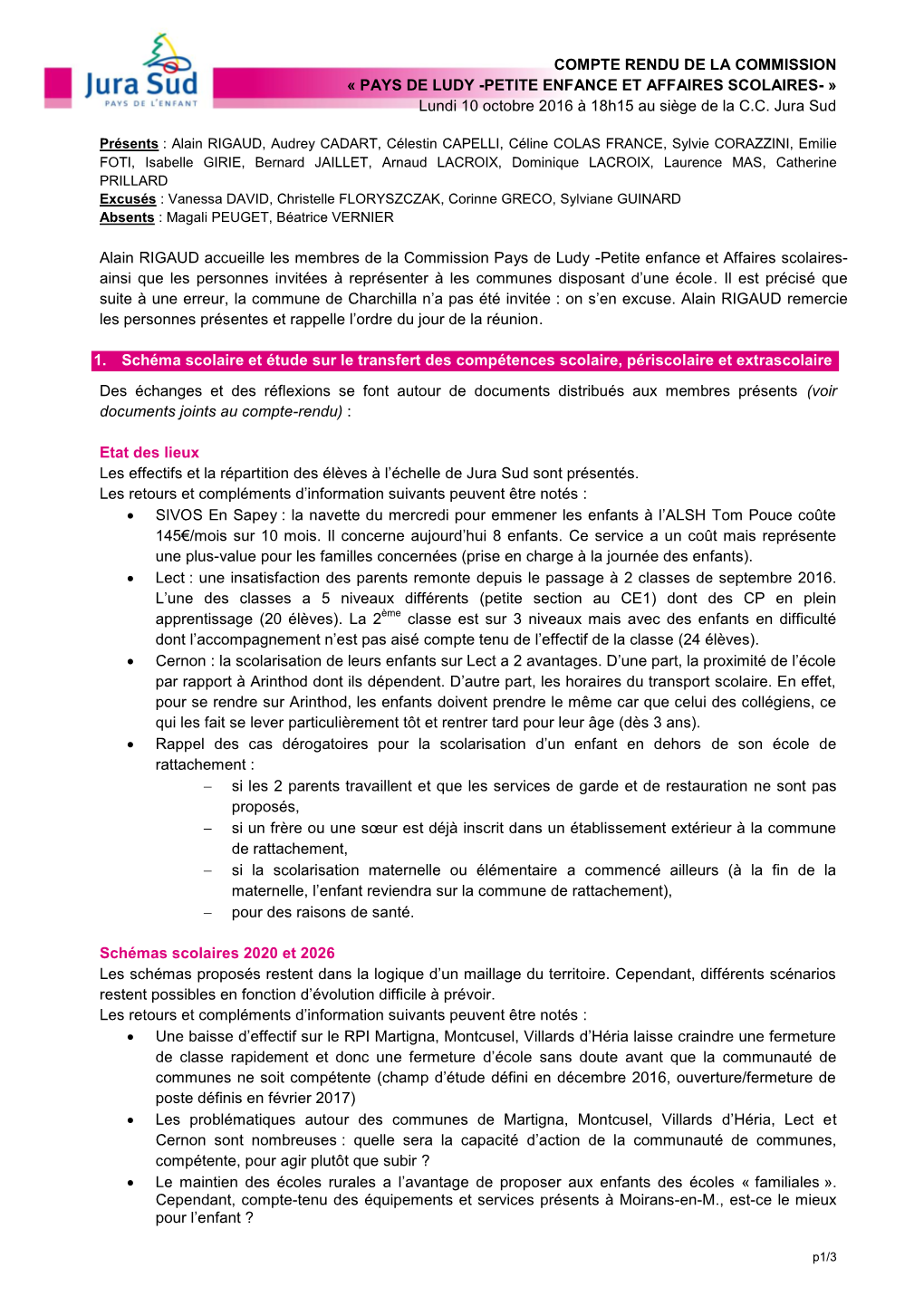 PAYS DE LUDY -PETITE ENFANCE ET AFFAIRES SCOLAIRES- » Lundi 10 Octobre 2016 À 18H15 Au Siège De La C.C