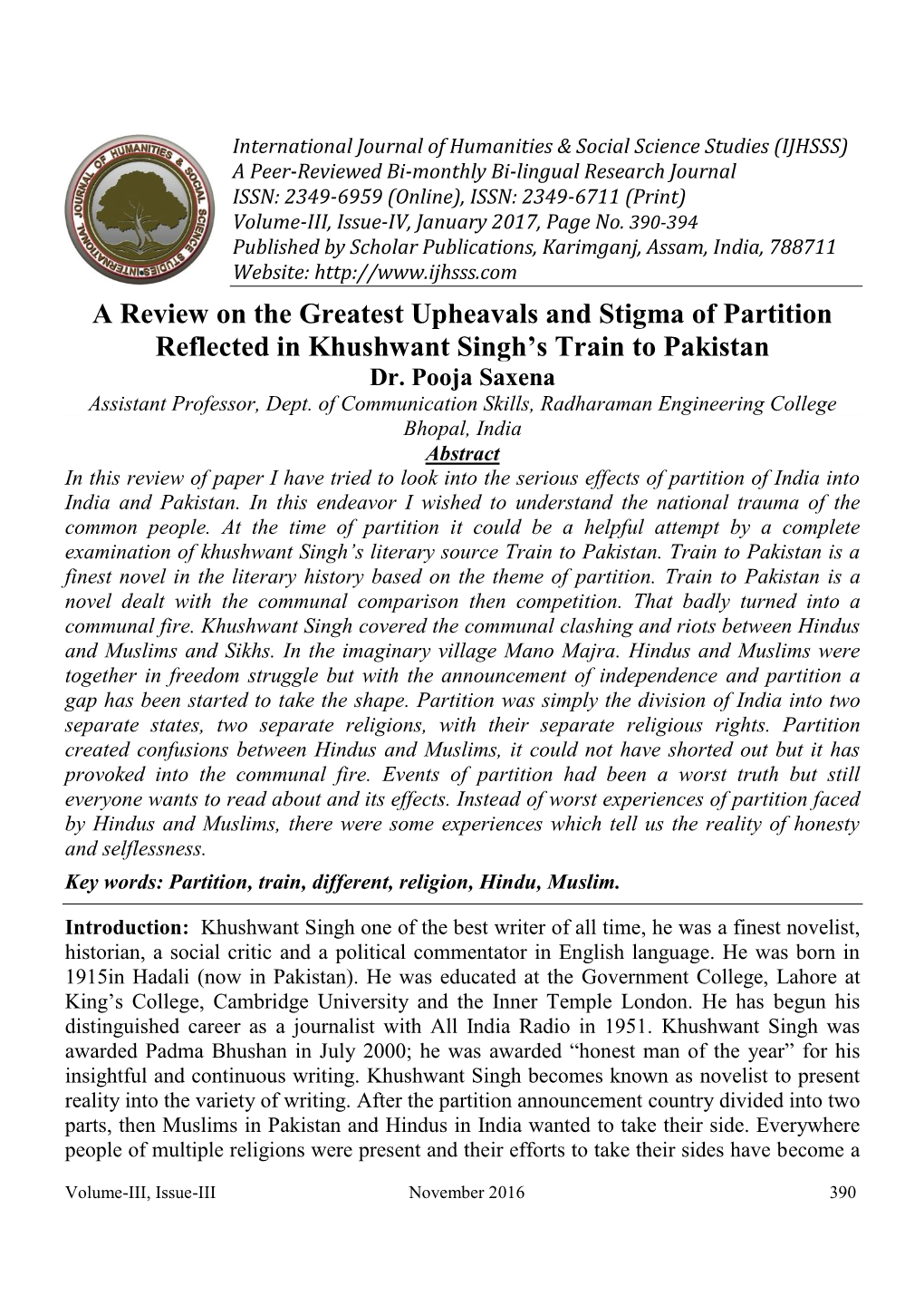 A Review on the Greatest Upheavals and Stigma of Partition Reflected in Khushwant Singh’S Train to Pakistan Dr