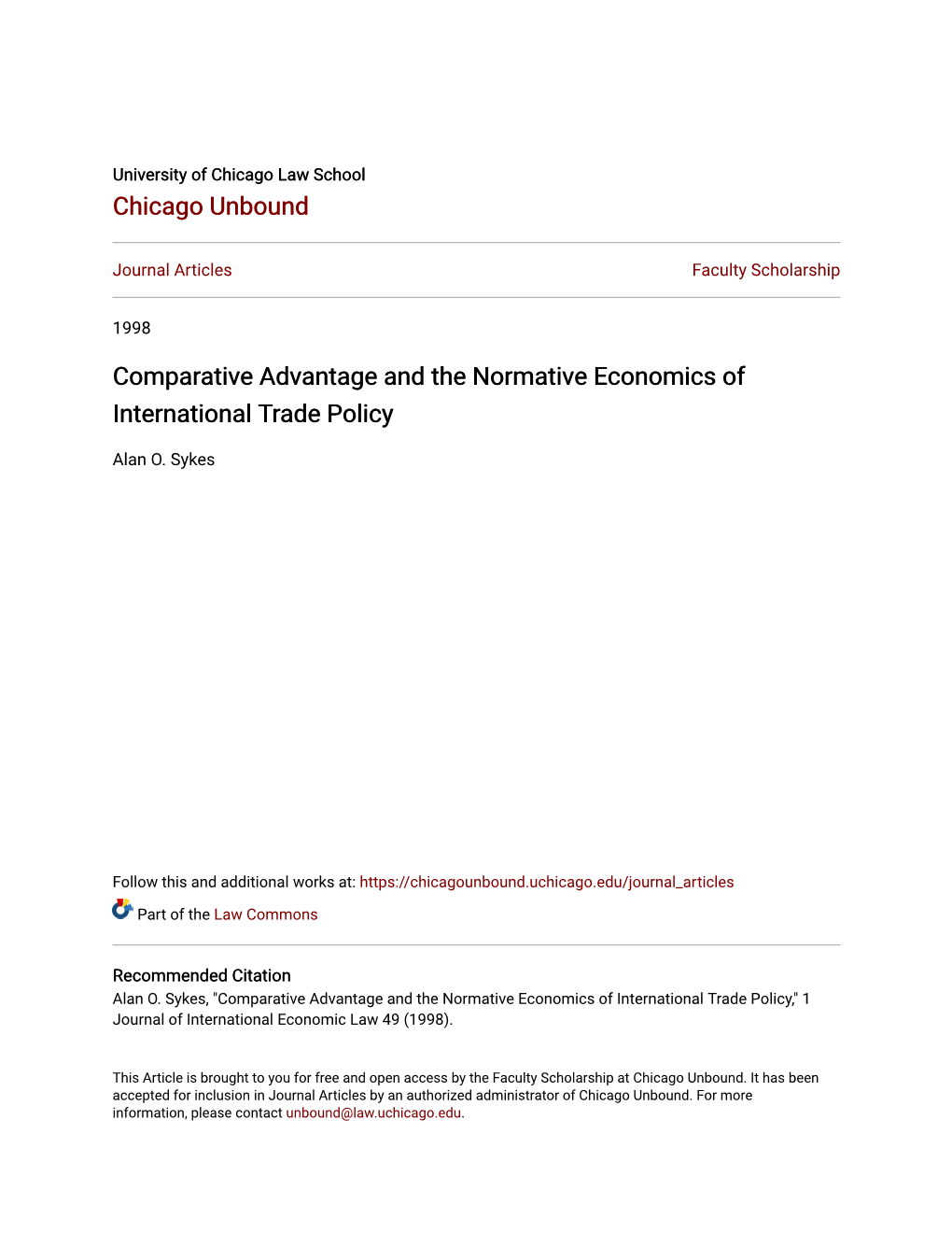 Comparative Advantage and the Normative Economics of International Trade Policy