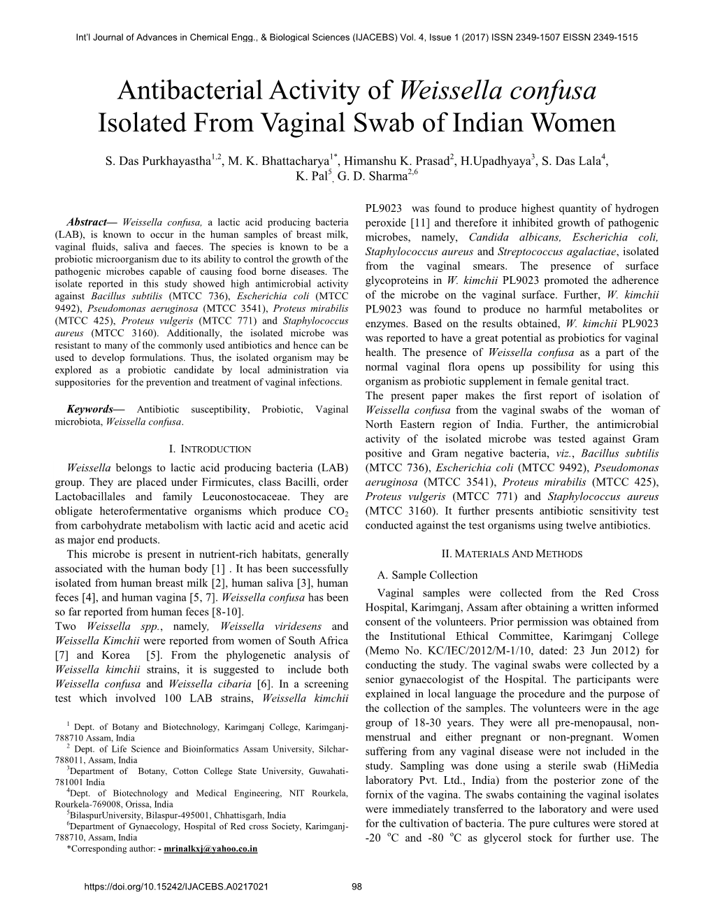 Weissella Confusa Isolated from Vaginal Swab of Indian Women