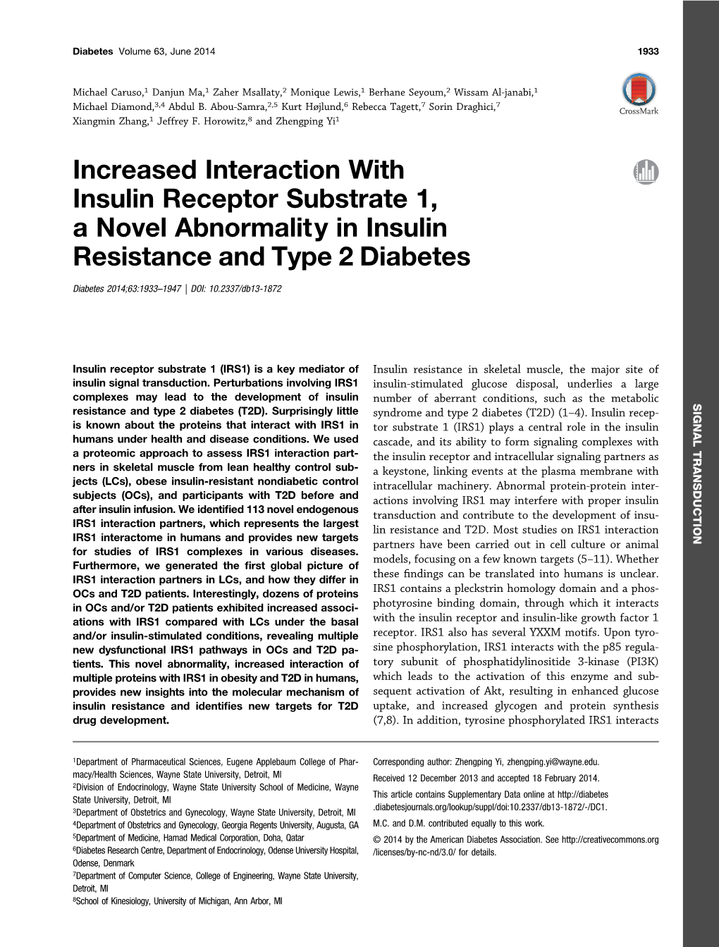 Increased Interaction with Insulin Receptor Substrate 1, a Novel Abnormality in Insulin Resistance and Type 2 Diabetes