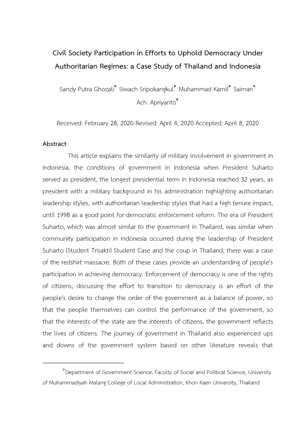 Civil Society Participation in Efforts to Uphold Democracy Under Authoritarian Regimes: a Case Study of Thailand and Indonesia