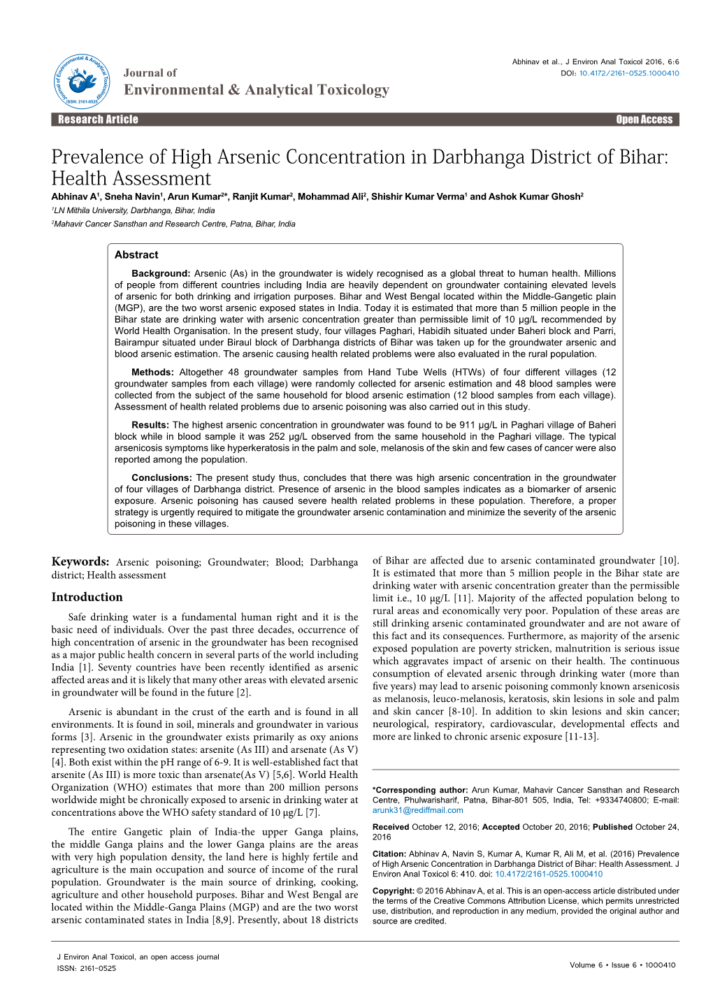 Prevalence of High Arsenic Concentration in Darbhanga District of Bihar