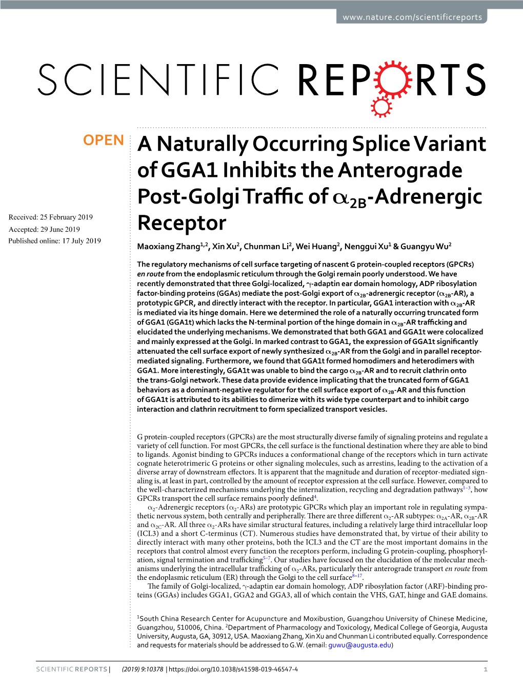 A Naturally Occurring Splice Variant of GGA1 Inhibits the Anterograde