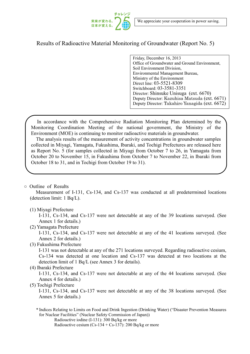 Results of Radioactive Material Monitoring of Groundwater (Report No