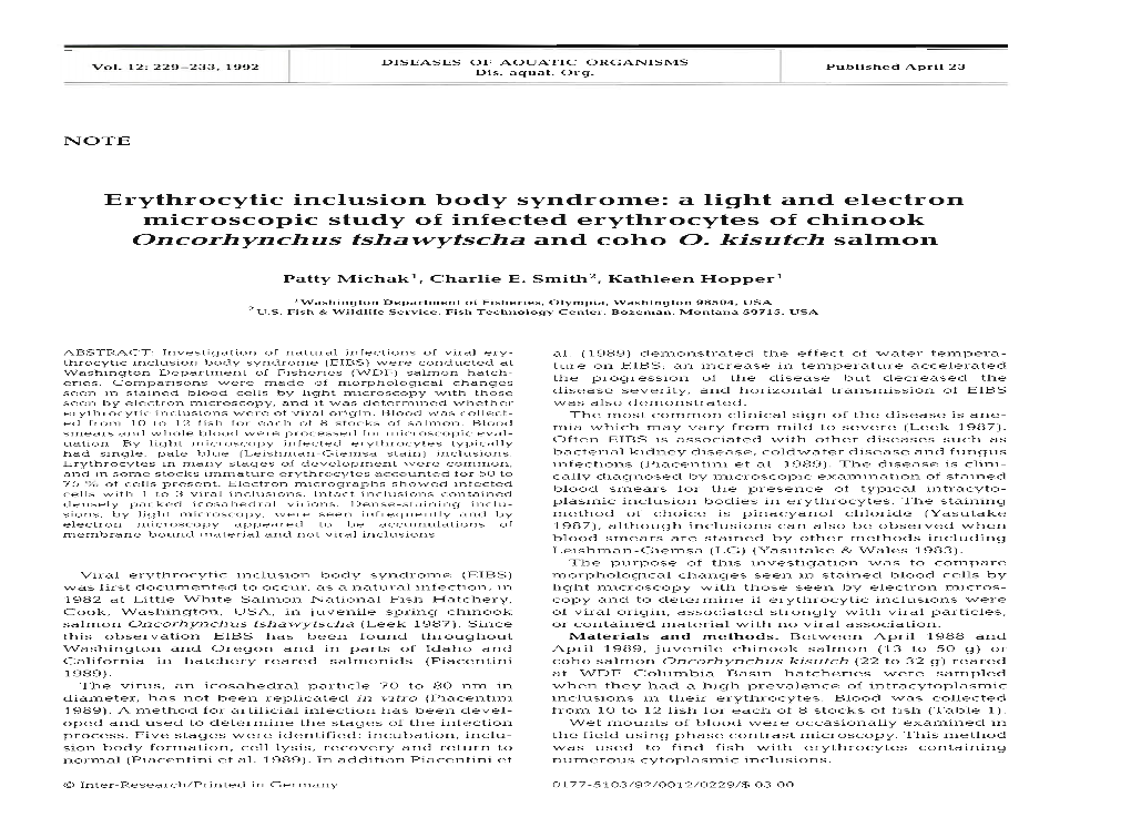 Erythrocytic Inclusion Body Syndrome: a Light and Electron Microscopic Study of Infected Erythrocytes of Chinook Oncorhynchus Tshawytscha and Coho 0