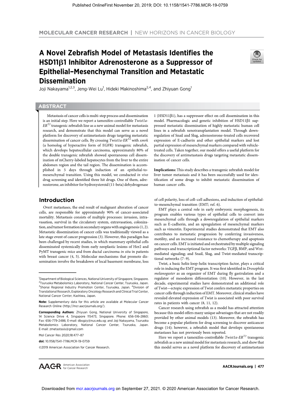 A Novel Zebrafish Model of Metastasis Identifies the Hsd11b1 Inhibitor