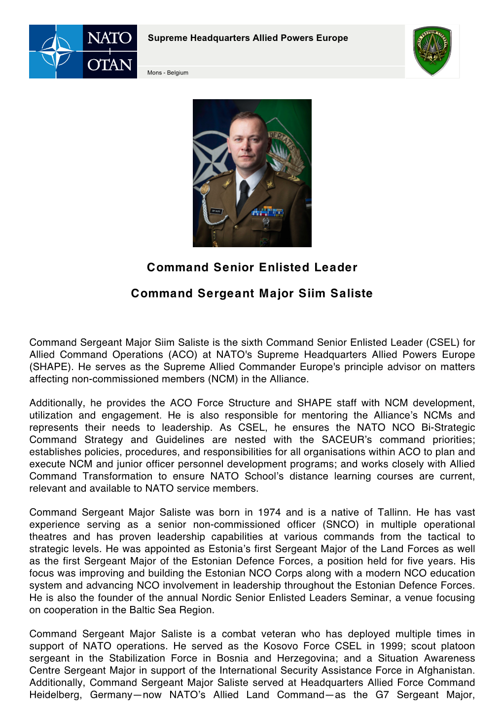Command Senior Enlisted Leader Command Sergeant Major Siim