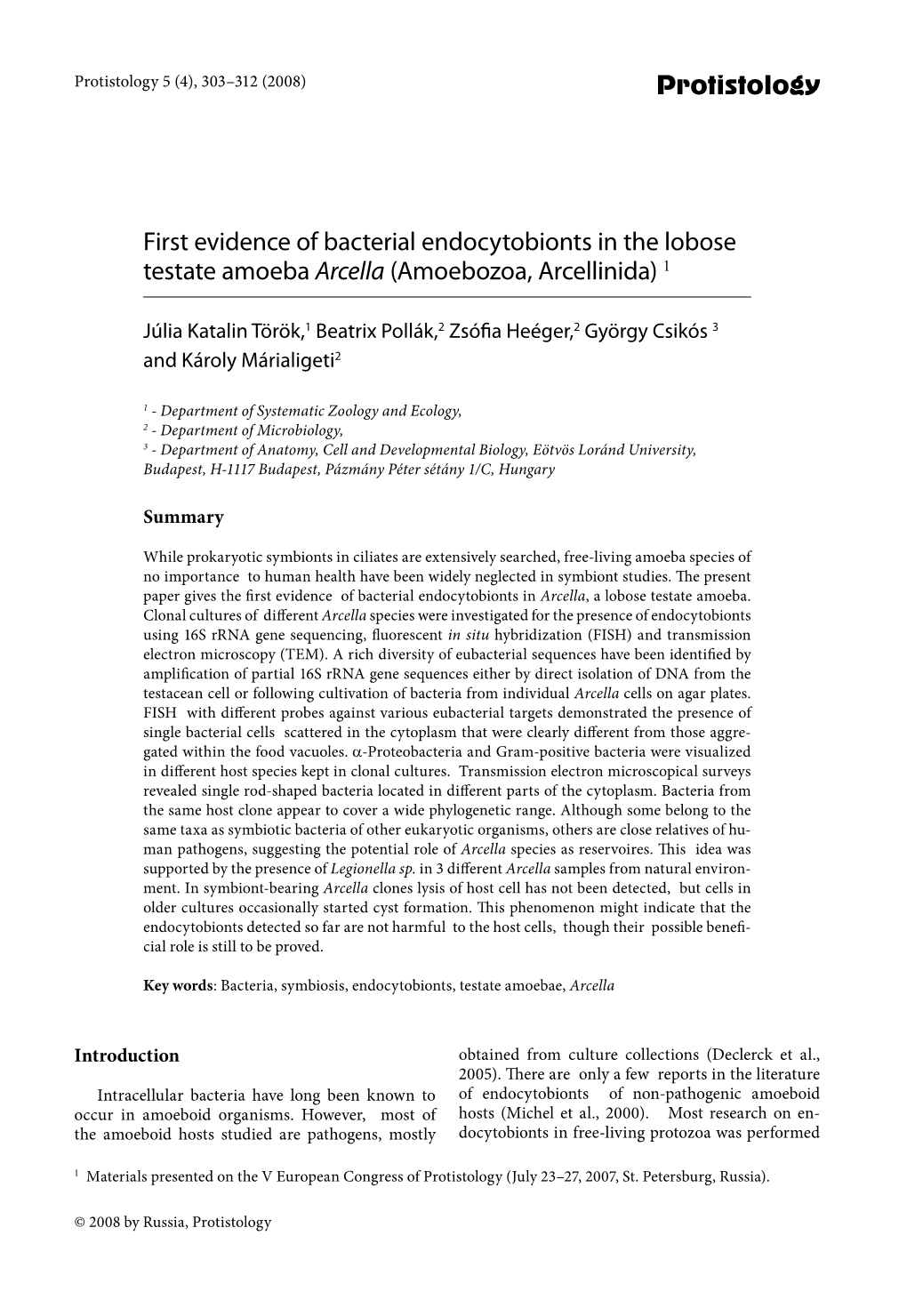 Protistology First Evidence of Bacterial Endocytobionts in the Lobose Testate