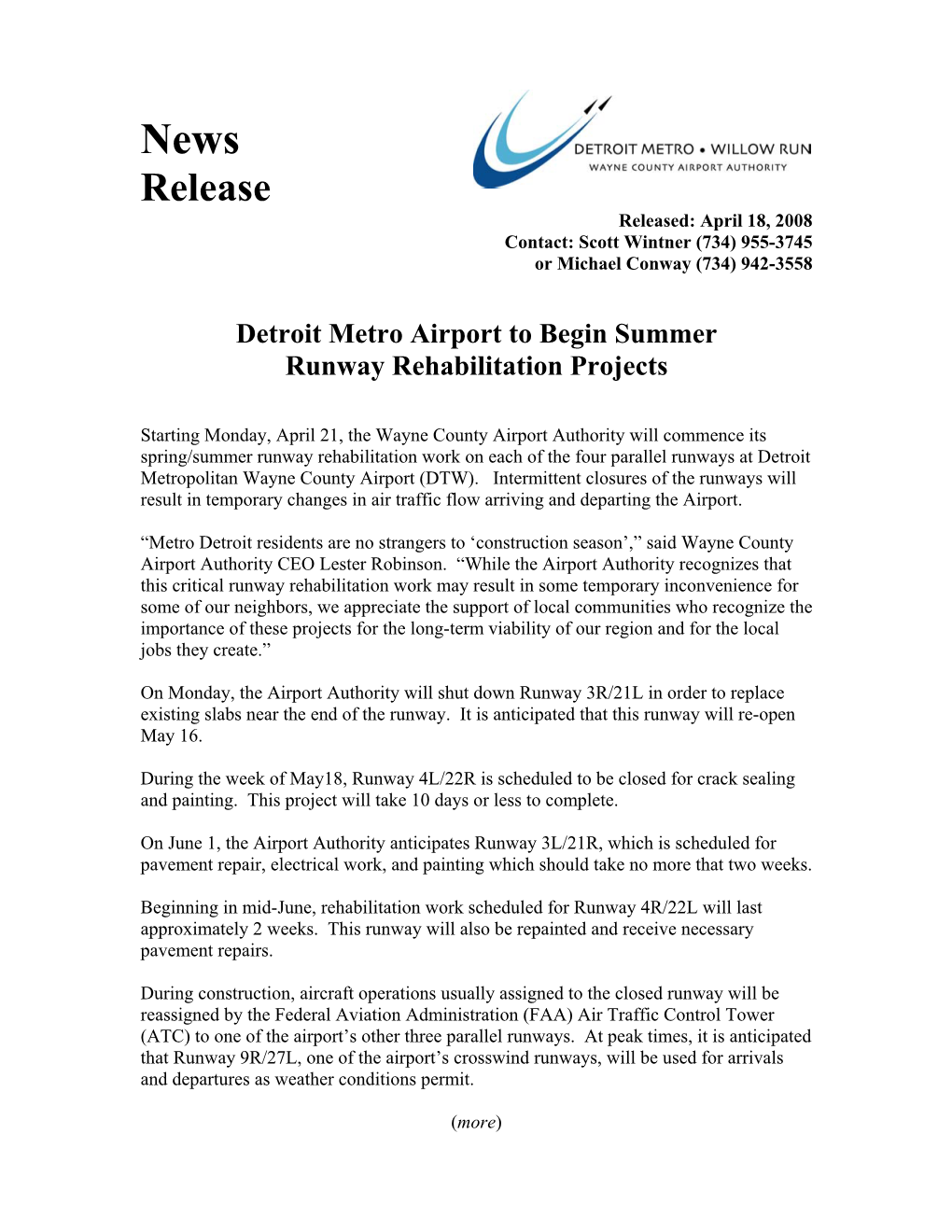 Detroit Metro Airport to Begin Summer Runway Rehabilitation Projects