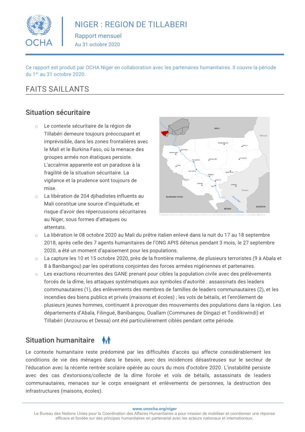 NIGER : REGION DE TILLABERI Rapport Mensuel Au 31 Octobre 2020