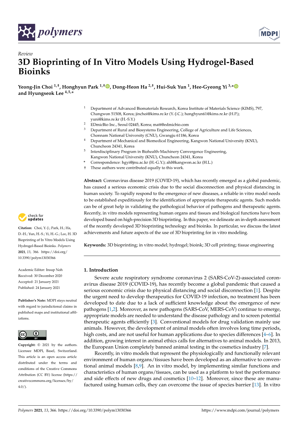 3D Bioprinting of in Vitro Models Using Hydrogel-Based Bioinks