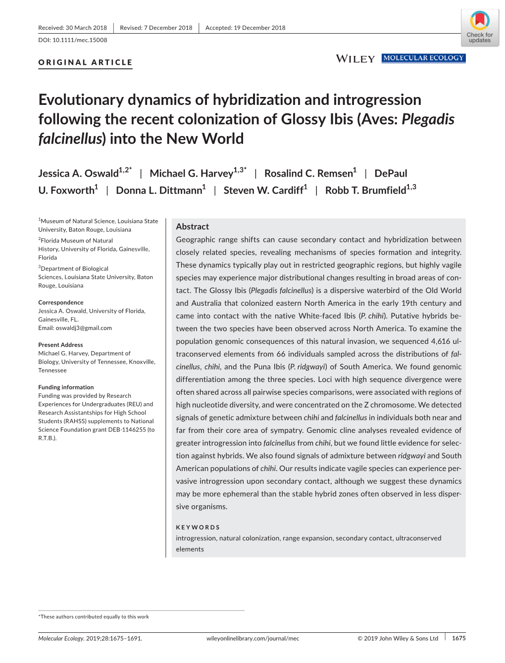 Evolutionary Dynamics of Hybridization and Introgression Following the Recent Colonization of Glossy Ibis (Aves: Plegadis Falcinellus) Into the New World