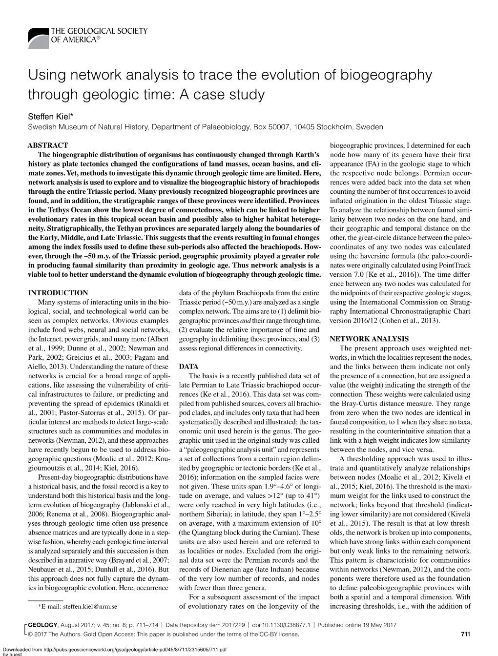 Using Network Analysis to Trace the Evolution of Biogeography Through Geologic Time: a Case Study