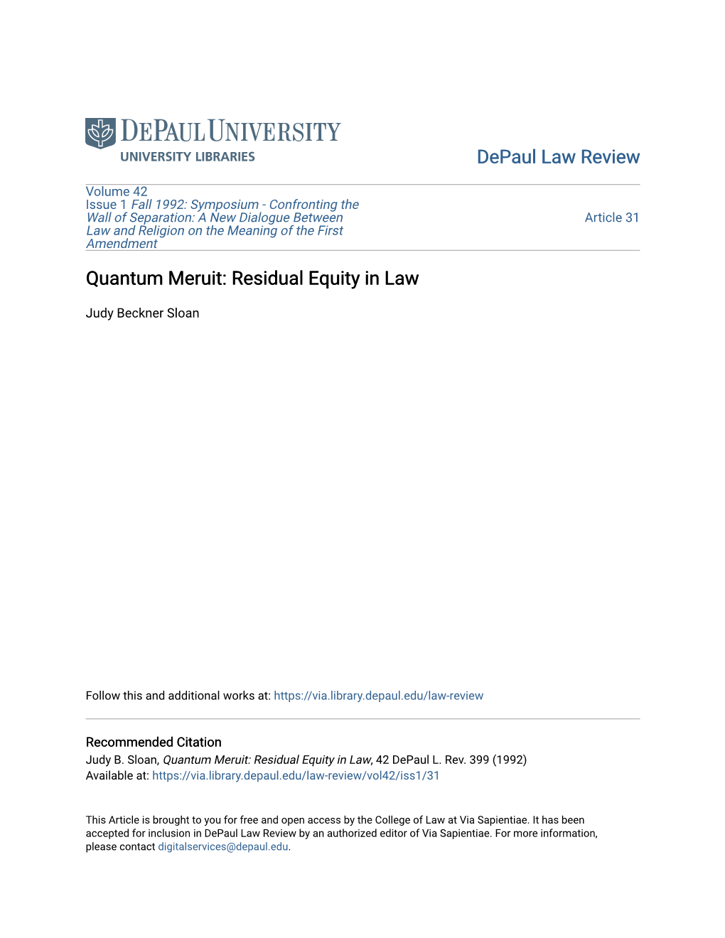 Quantum Meruit: Residual Equity in Law