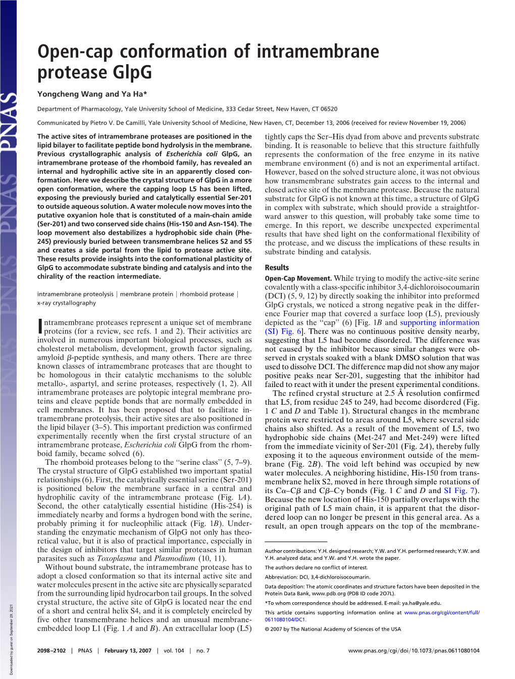 Open-Cap Conformation of Intramembrane Protease Glpg