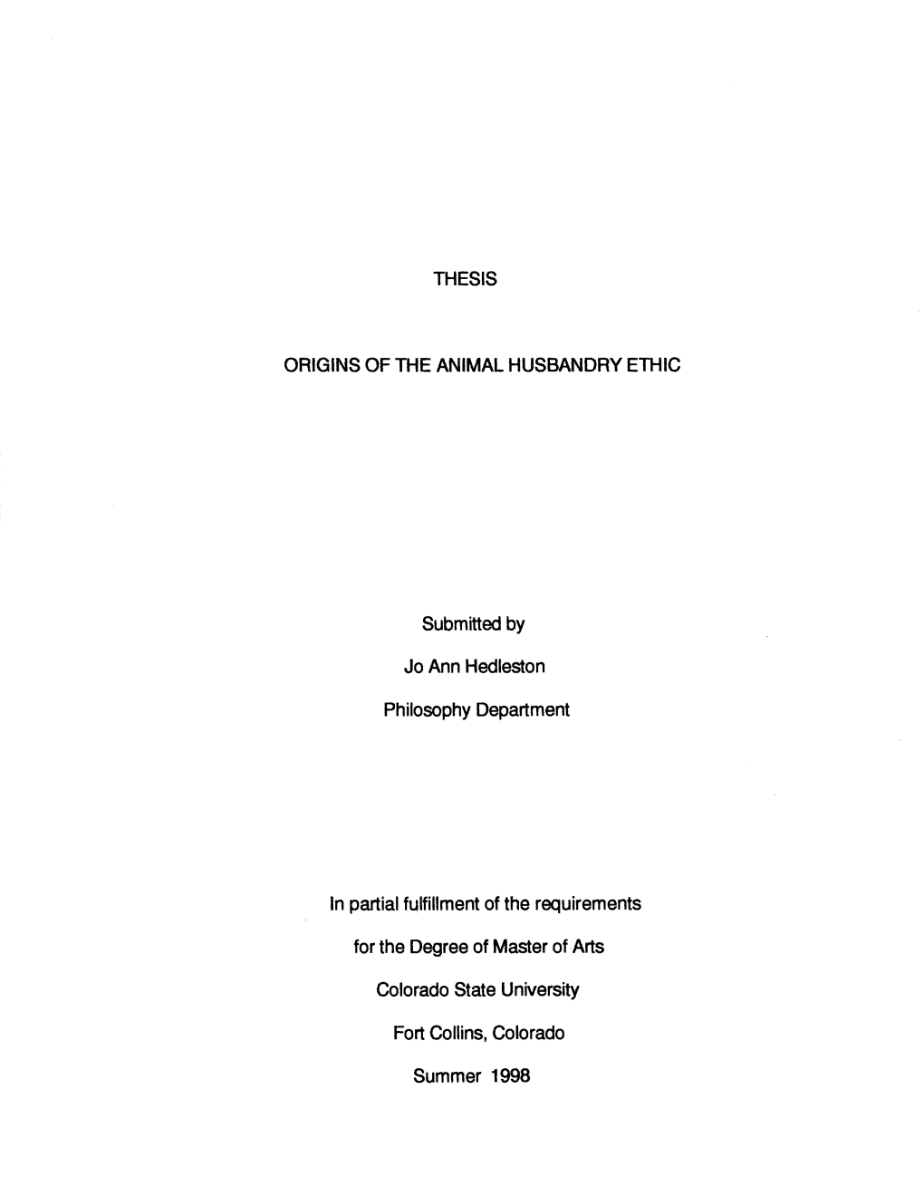 THESIS ORIGINS of the ANIMAL HUSBANDRY ETHIC Submitted By