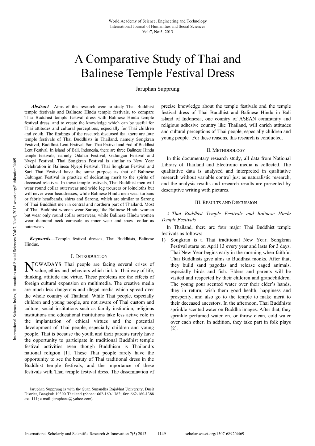 A Comparative Study of Thai and Balinese Temple Festival Dress