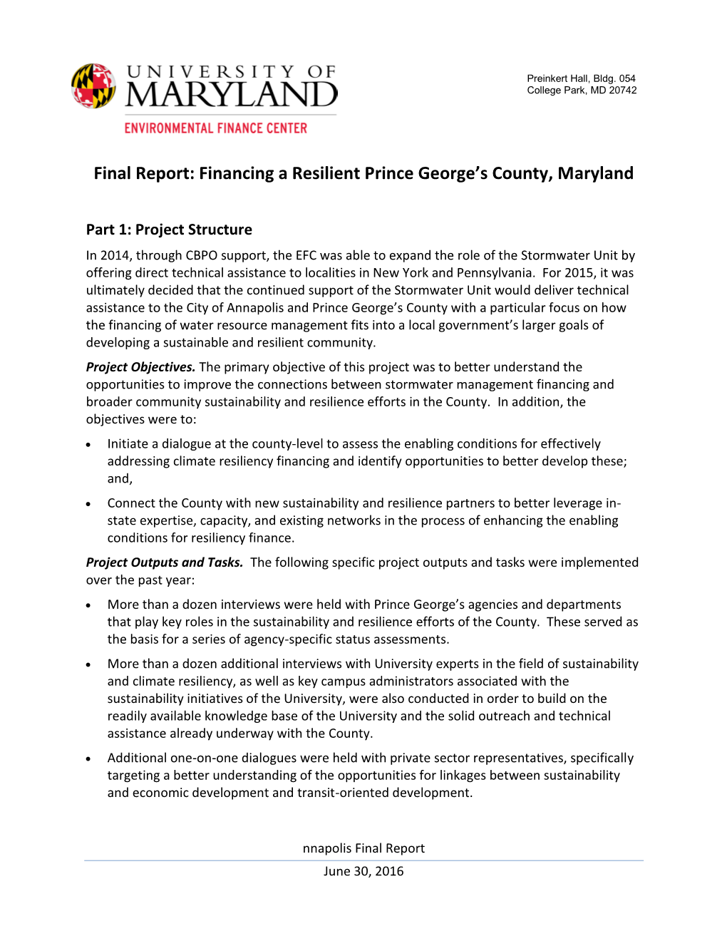 Final Report: Financing a Resilient Prince George’S County, Maryland
