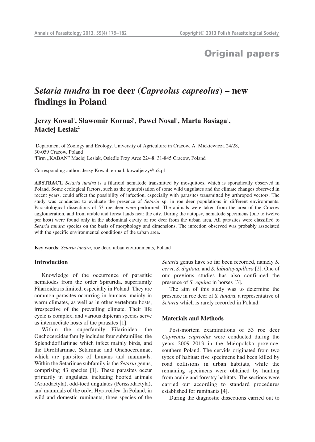 Setaria Tundra in Roe Deer ( Capreolus Capreolus ) – New Findings in Poland