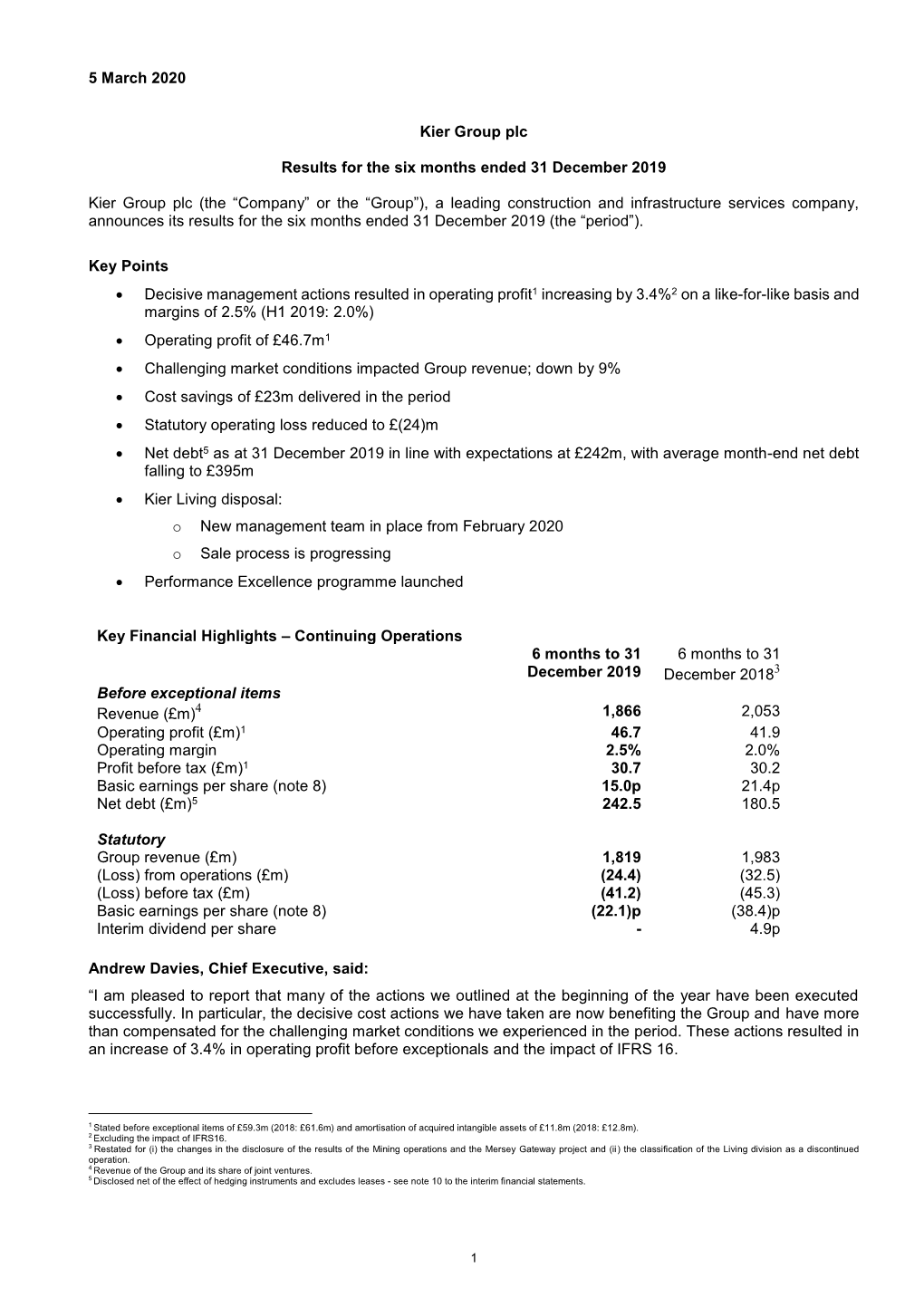 5 March 2020 Kier Group Plc Results for the Six Months Ended 31