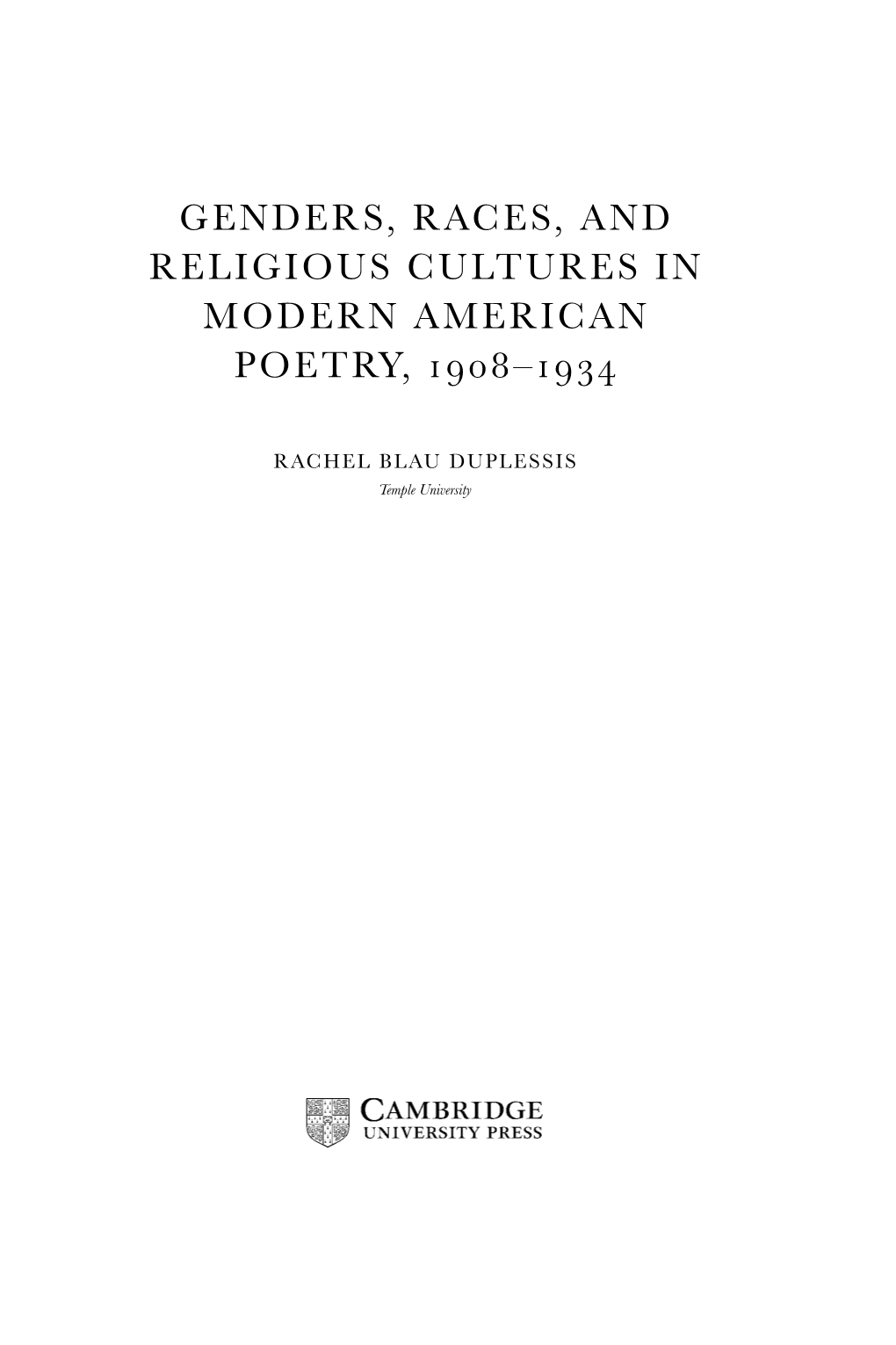 Genders, Races, and Religious Cultures in Modern American Poetry, –