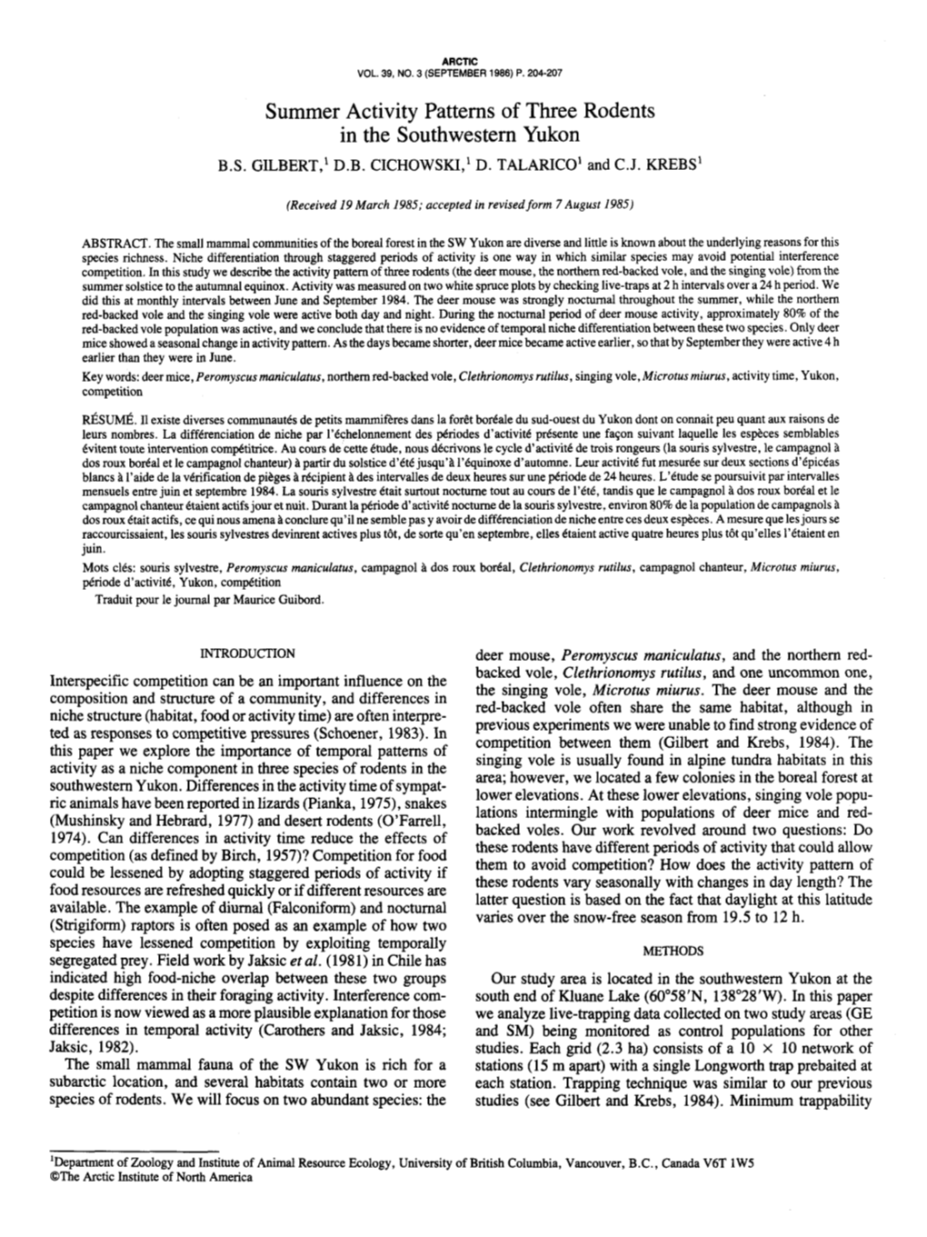 Summer Activity Patterns of Three Rodents in the Southwestern Yukon B.S