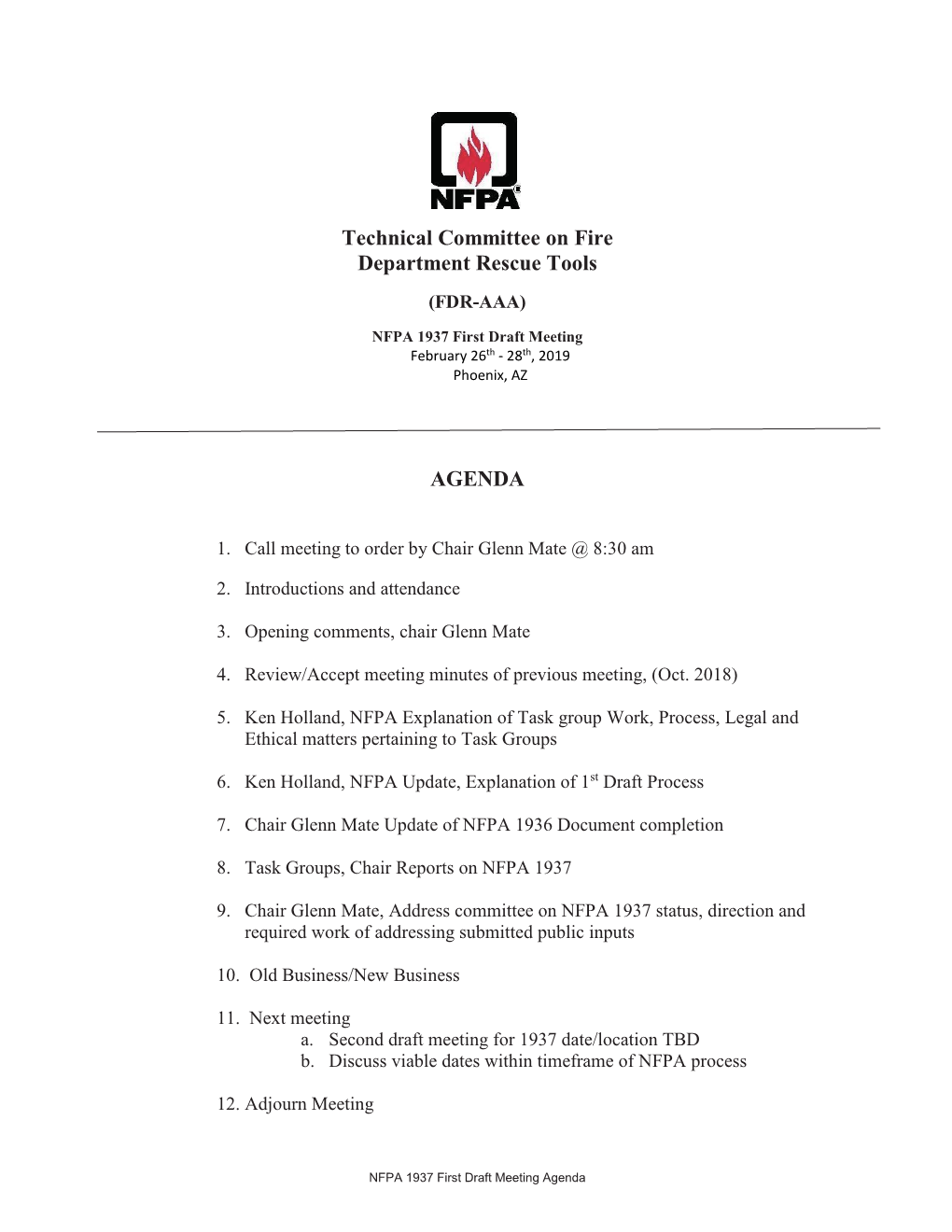 Technical Committee on Fire Department Rescue Tools AGENDA