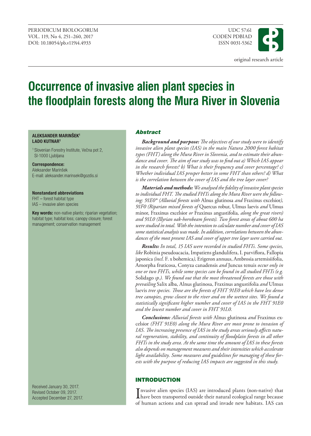 Occurrence of Invasive Alien Plant Species in the Floodplain Forests Along the Mura River in Slovenia