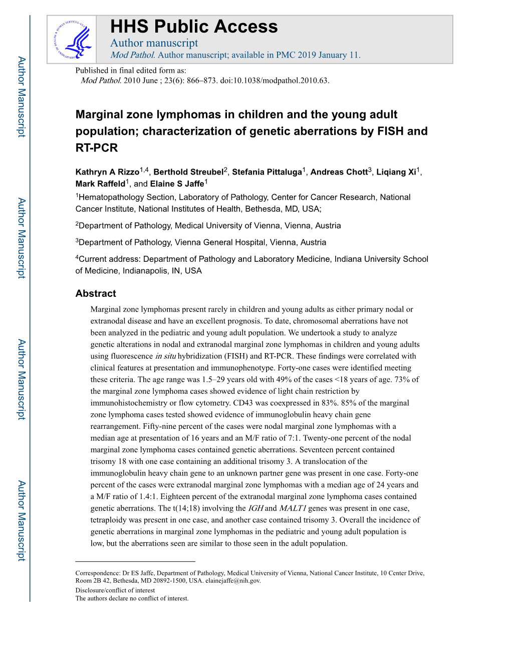 Marginal Zone Lymphomas in Children and the Young Adult Population; Characterization of Genetic Aberrations by FISH and RT-PCR