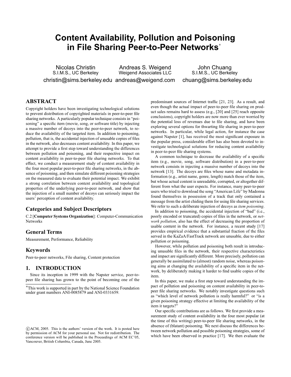 Content Availability, Pollution and Poisoning in File Sharing Peer-To-Peer Networks∗