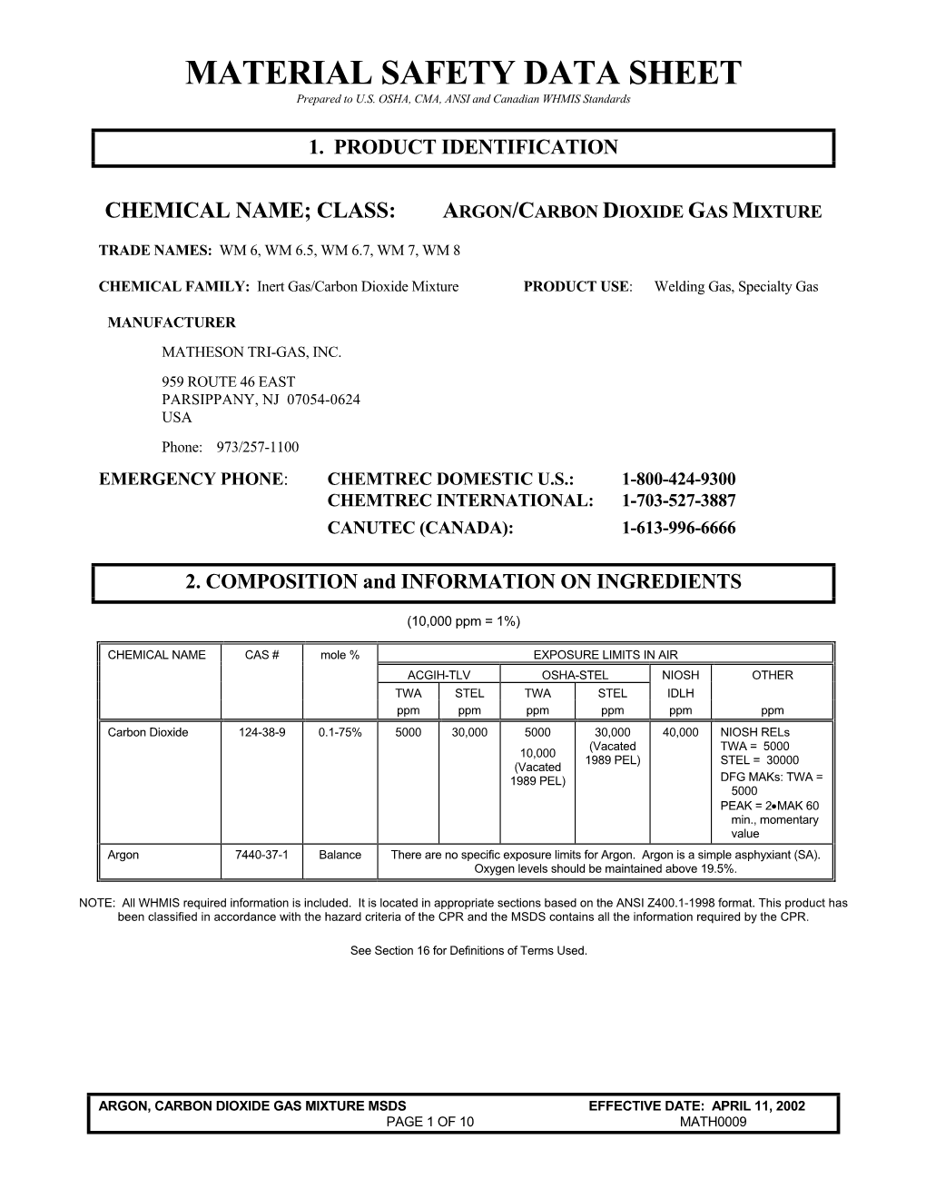 MATERIAL SAFETY DATA SHEET Prepared to U.S