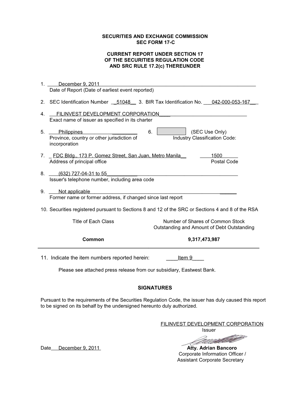 Securities and Exchange Commission Sec Form 17-C