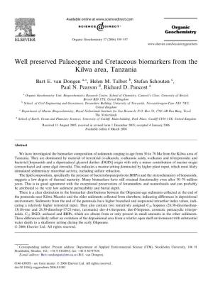 Well Preserved Palaeogene and Cretaceous Biomarkers from the Kilwa Area, Tanzania