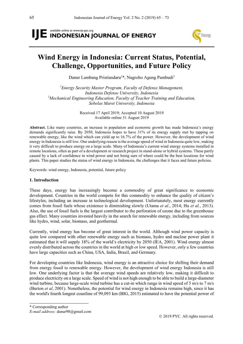 Wind Energy in Indonesia: Current Status, Potential, Challenge, Opportunities, and Future Policy