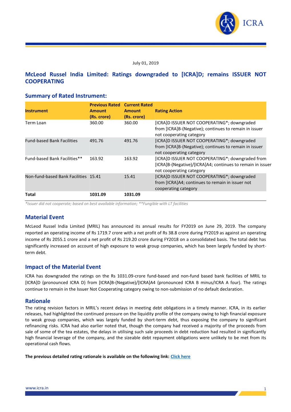 Mcleod Russel India Limited: Ratings Downgraded to [ICRA]D; Remains ISSUER NOT COOPERATING