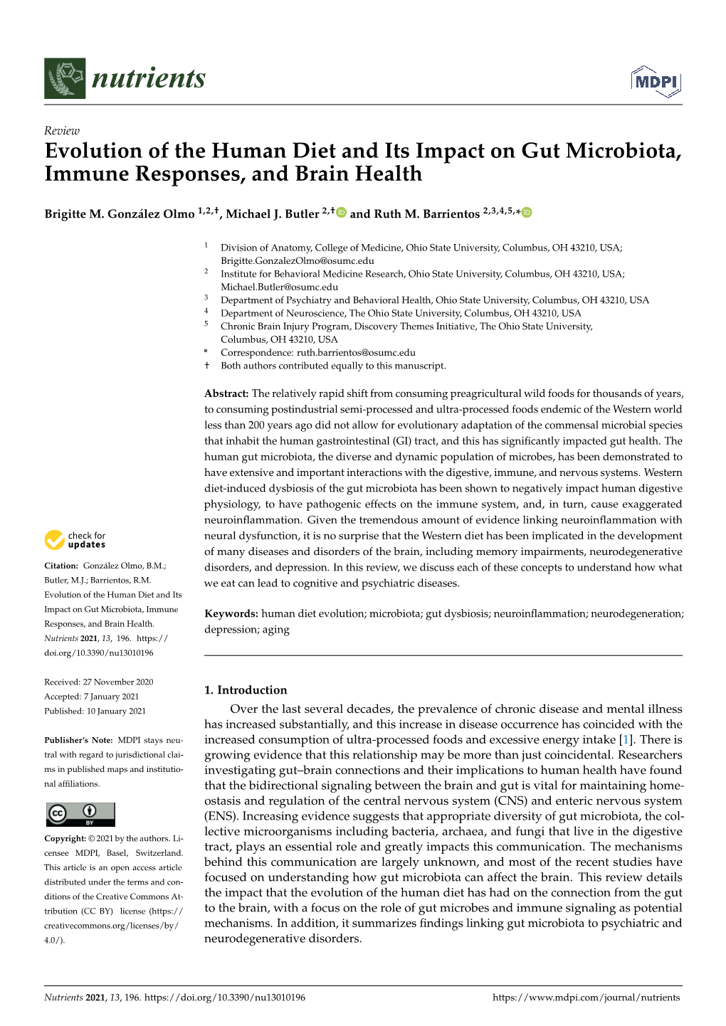 Evolution of the Human Diet and Its Impact on Gut Microbiota, Immune Responses, and Brain Health