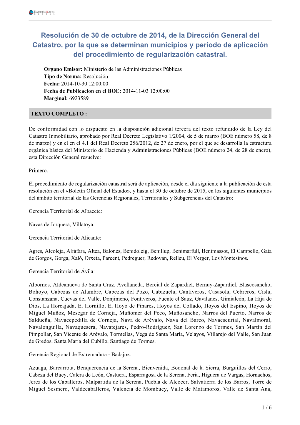Resolución De 30 De Octubre De 2014, De La Dirección General Del