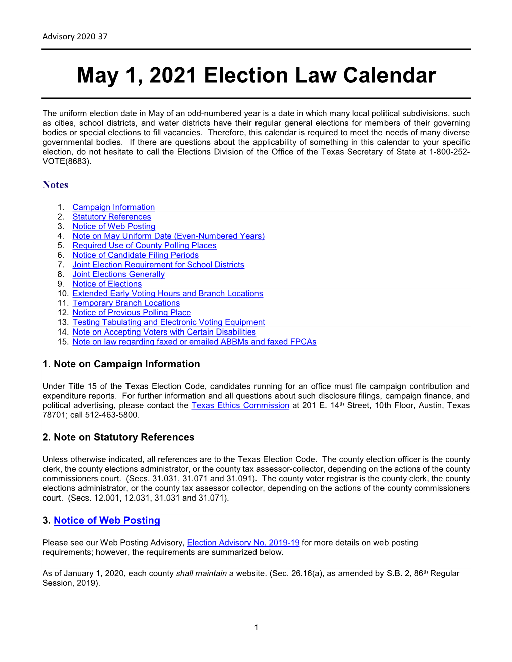 May 1, 2021 Election Law Calendar