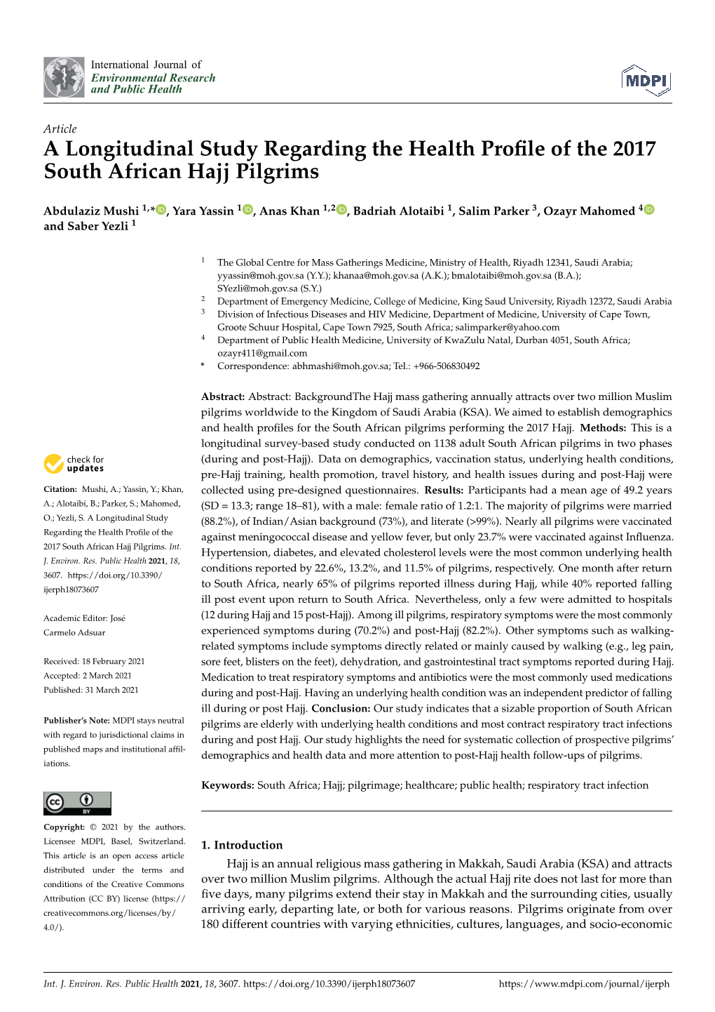 A Longitudinal Study Regarding the Health Profile of the 2017 South African Hajj Pilgrims