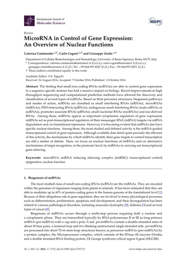Microrna in Control of Gene Expression: an Overview of Nuclear Functions