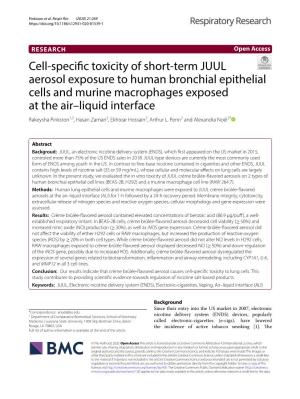 Cell-Specific Toxicity of Short-Term JUUL Aerosol Exposure to Human