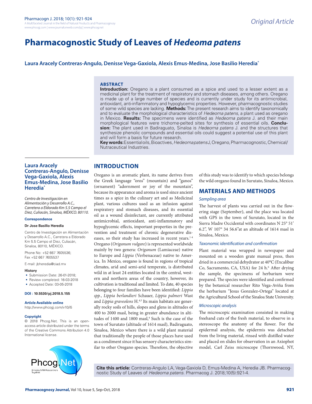 Pharmacognostic Study of Leaves of Hedeoma Patens