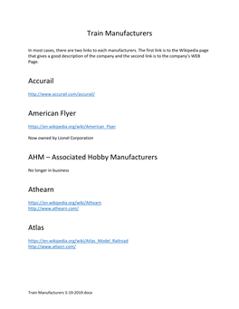 Train Manufacturers Accurail American Flyer AHM – Associated Hobby Manufacturers Athearn Atlas